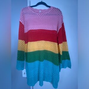 Multicolored rainbow striped crochet knit pullover Sweater size Medium one size